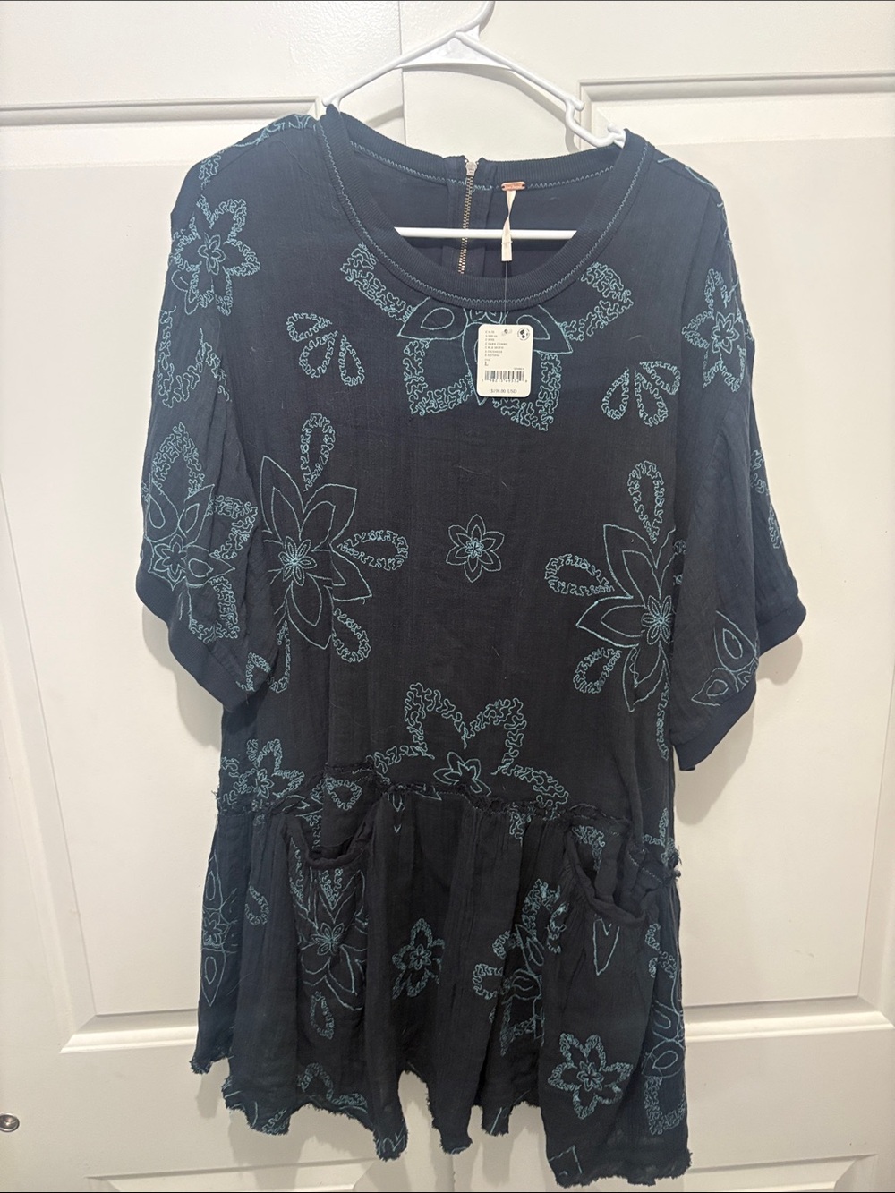 Free People Navy Blue Floral Embroidered Tunic Dress
